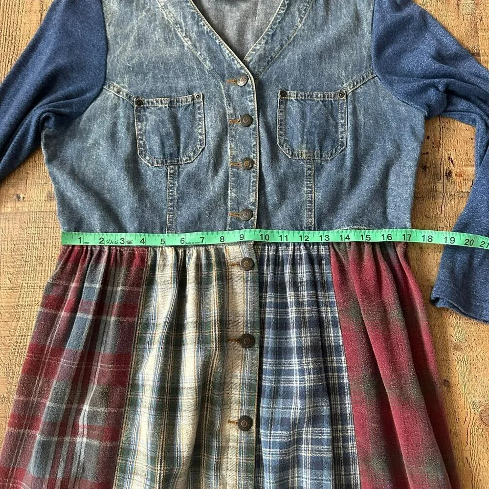 Vintage Denim & Plaid Patchwork Maxi Dress With Long Sleeves & Button Front - Picture 3 of 12